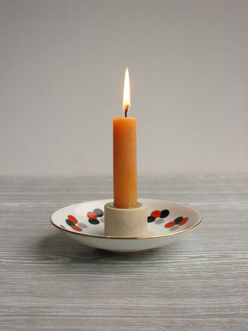 Deco,Polkadot,Candlestick,-,Upcycled,Vintage,China,upcycled vintage china,art deco ceramic,art deco pattern,orange and grey,recycled candleholder,upcycled candlestick