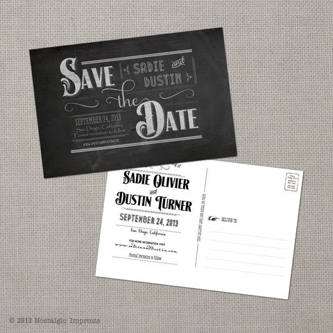 Sadie,-,4x6,Chalkboard,Save,the,Date,Postcard,vintage save the date, Weddings, Card, save the date, custom photo card, photo save the date card, photo card, vintage card, 4x6, postcard, post card, retro