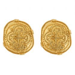COIN,EARRINGS,gold Coin EARRINGS is imprinted with an unusual design to give it a Grecian look