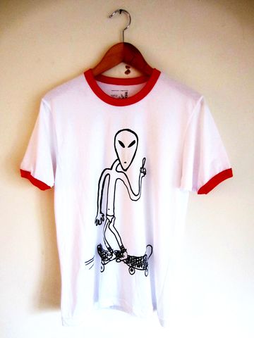 Grey,Label,T-Shirt,(Swearing,Alien),by,Bottle,Of,Smoke,Clothing, Tshirt, Alien, Skateboard, White, American, Apparel, Swear, Illustration, Print, Art, Bottle, Smoke, Cotton, Design, Tee, T Shirt, Screen, Ink
