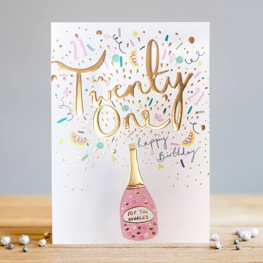 buy beautiful 21st birthday card online with fizz bubbles pink champagne for her age twenty-one twenty first 21st birthday cards for her him daughter son