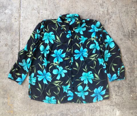 HE,LOVES,ME,NOT...BLACK,BLOSSOMS,SHEER,TOP,vintage, sheer, floral, fancy buttons, jeweled, plus, button up