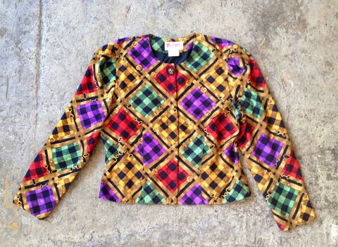 BUCKLE,ME,DOWN,CROPPED,JACKET,vintage, cropped jacket, gold buckle print, checkerboard print, hidden buttons, fancy button