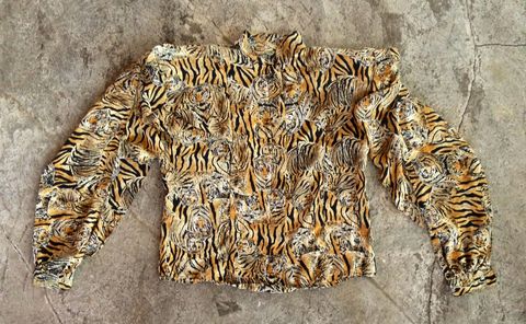 TIGER,FACE,RUFFLE,TOP,vintage, top, tiger print, ruffles, unique