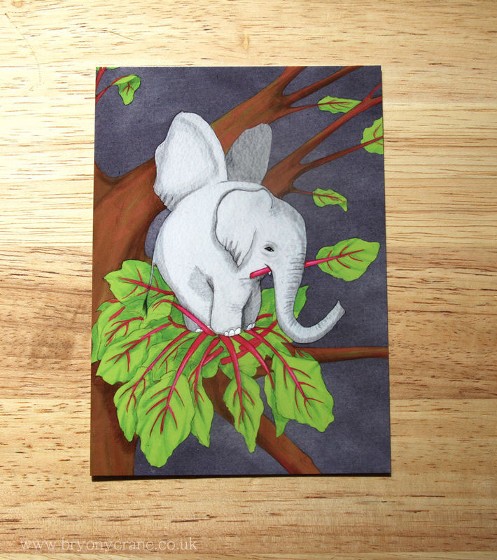 Poetry Postcard Print - The Elephant Is A Pretty Bird - Rhubarb Pink Grey and Green - product images