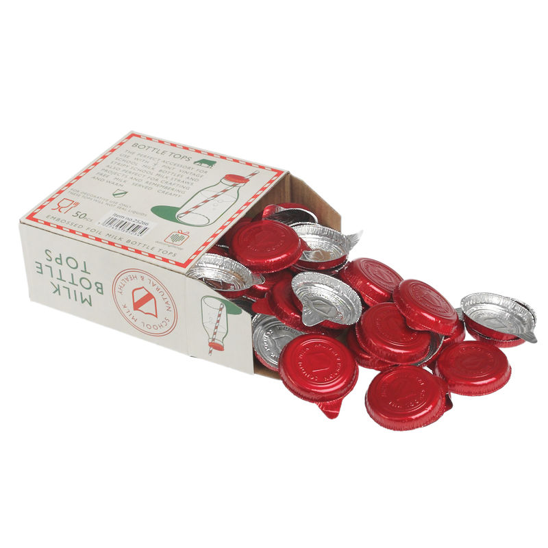 Set of 50 red embossed foil school milk bottle tops by Rex