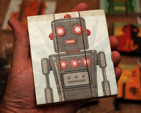Toy,Robot,Art,-,Oscar,Medium,Block,Triptych,Illustration,wood,block,triptych,toy_robot_art,paper,ink,glue,sealer