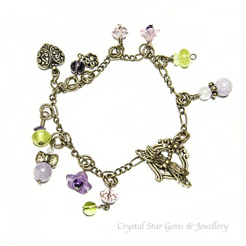 Amethyst,&,Vintage,Brass,Bracelet,Earring,Set,bracelet, vintage brass, amethyst, pink, purple, green, dragonfly clasp, heart