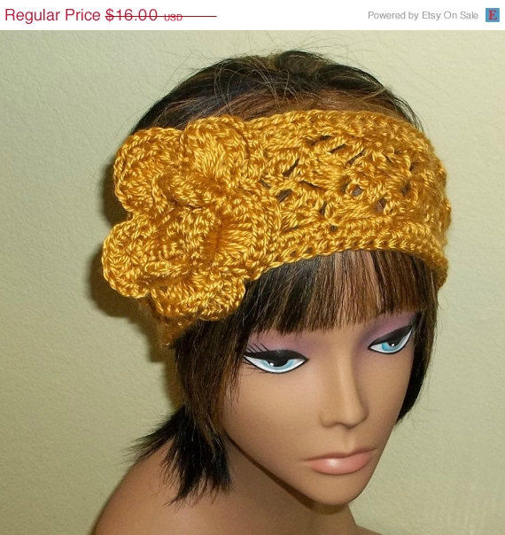 Sale- Earwarmer Flower Headband Gold Crochet Hair Band Adjustable ...