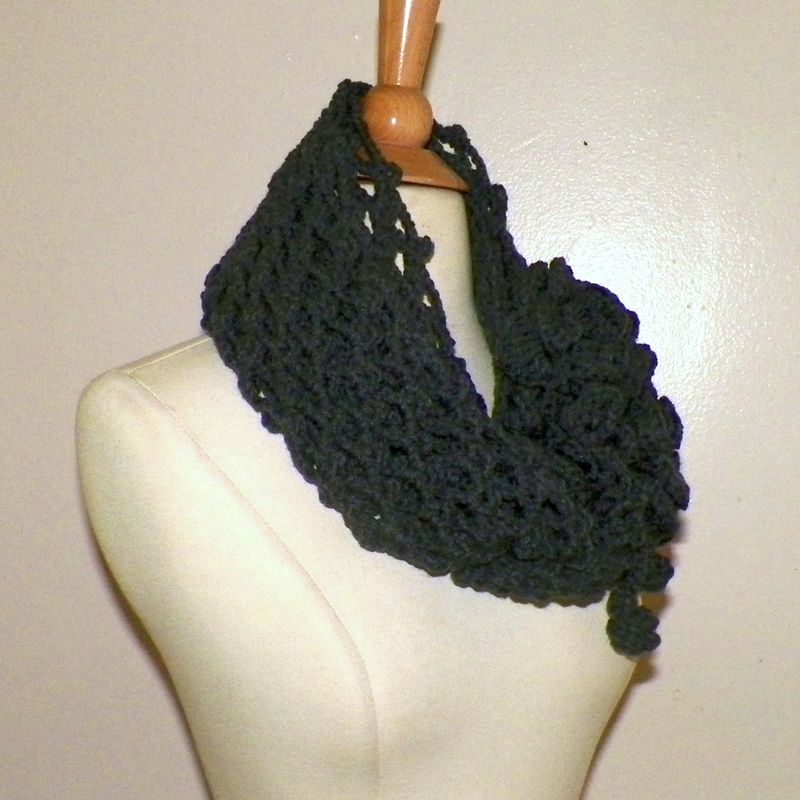 Gray Infinity Scarf Cowl Charcoal Traditional Irish Lace Circle Mesh