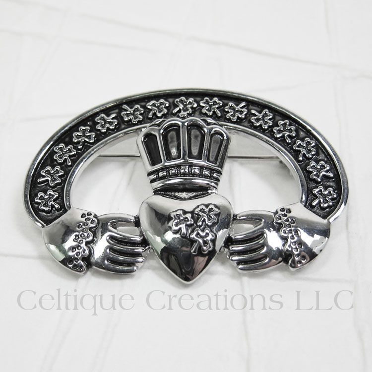 Irish Claddagh Shamrock Brooch Pin Celtique Creations