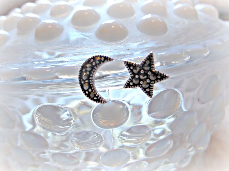 Elegant Sterling Silver & Marcasite Moon & Star Earrings - product images