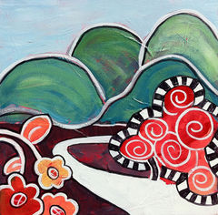 Ozark,Cuteness,Art,Painting,Canvas,whimsical,flower,folk,original_painting,pink,whimsy,cute,tree,small,landscape,ozark,hills,mountains,acrylic,canvas,paint