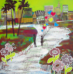 Urban,Love,Affair,Art,Painting,Landscape,abstract,landscape,city,urban,whimsical,Florida,California,hearts,large,mother,pop,romance,green,acrylic,canvas,paint