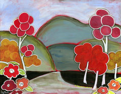 Bouncy,Trees,Whimsical,Folk,Art,Painting,boho,folk,art,flower,landscape,pink,tree,painting,cindy,davis,whimsical