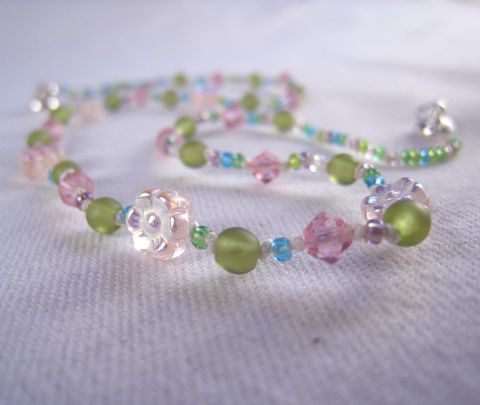 Girls,Necklace,,Pink,Iridescent,Flower,,Swarovski,Crystals,,Green,Beads,Childrens Beaded Necklace, Kids Jewelry, little girls jewelry, Handmade Childrens jewelry