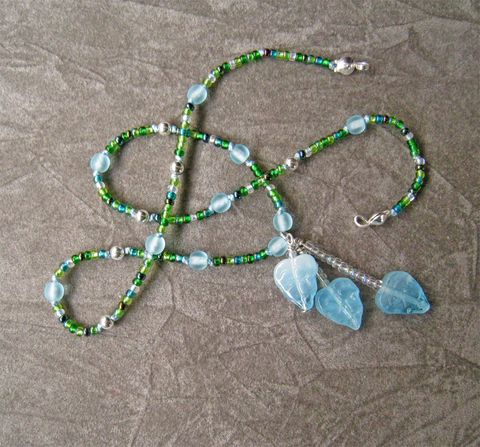 Kid,Necklace,,Falling,Leaves,,Czech,glass,Children,Jewelry,Necklace,beaded,pendant,light_blue,dark_green,sterling_silver,little_girl,leaves,nature,magnetic_clasp,silk_cord,spring,holiday,children,czech_glass_beads,sterling_silver_beads,sterling_silver_hardaware,lead_safe_magnetic_clasp
