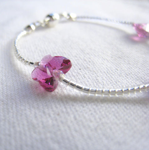 Little,Girls,Jewelry,,Fuchsia,Swarovski,Butterfly,Bracelet,,Magnetic,Clasp,Children,Jewelry,Bracelet,Swarovski_crystals,pink,magenta,fuchsia,holiday,little_girl,princess,gift,birthday,silver,butterfly,kid,magnetic_clasp,Silk_cord,Japanese_Delica_Beads,silver_plated_magnetic_clasp,Argentium_silver_hardware,Swarovski_Crystals