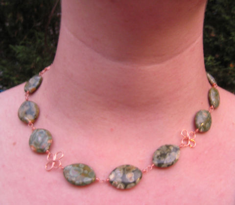 Rainforest,Jasper,&,Copper,Wire,Wrapped,necklace,,Rhyolite,Jewelry, Wire wrapped jewelry, rainforest jasper, green, womens copper jewelry, rhyolite, orange