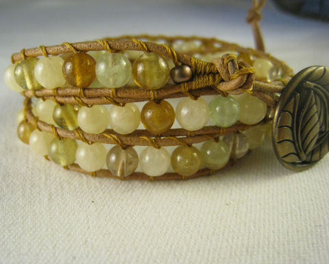 Leather,Wrap,Bracelet,,Amber-colored,Quartz,Triple,Wrap,,button,closure,Leather wrap bracelet, Quartz, yellow, amber, light green, button closure, Italian button, Greek leather, Summer, Everyday jewelry, casual chic, bohemian