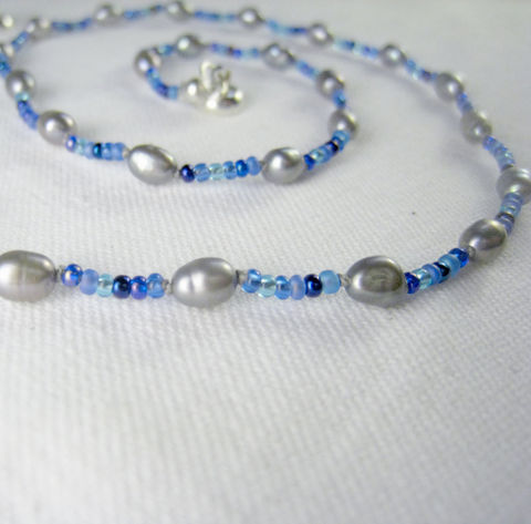 Teen,Girls,&,Womens,Jewelry,,Grey,Freshwater,Pearls,,Blue,Beads,Necklace,,Magnetic,Clasp,Children,Jewelry,Necklace,Freshwater_pearls,magnetic_clasp,beaded,grey,tween,teen,blue,women,holiday,birthday,Freshwater Pearls,Argentium Sterling Silver findings,silver plated lead safe magnetic clasp,silk cord,Japanese glass beads,Czech glass pend