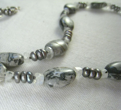 Womens,Jewelry,,Grey,Crazy,Lace,Agate,Necklace,,Freshwater,Pearls,,Moonstone,,Grey Crazy Lace Agate, Grey Freshwater Pearls, Women's office jewelry, Office Necklace, Sophisticated, Moonstone Argentium Silver Clasp