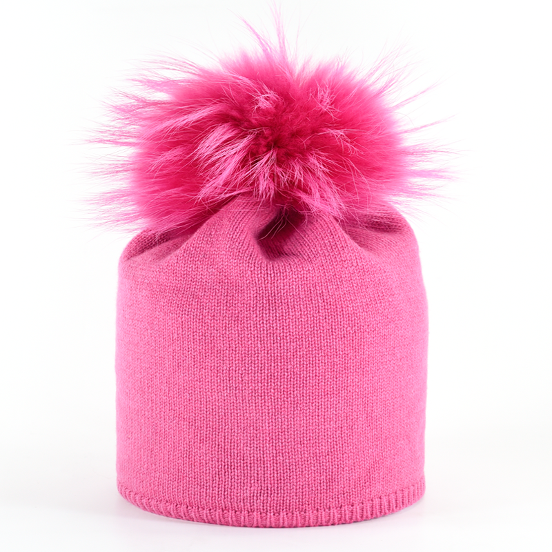 Star Beanie with Fur Pompon - Hot Pink 