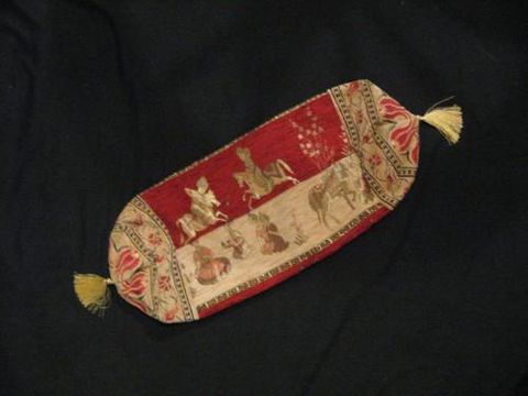 Bolster,Pillow,Cover,Turkish,Horsemen,Red,Gold,Cream,pillow, bolster, cylinder, tapestry, horsemen, Turkey, red, cream, gold, tassel, BrushCreek, Southwestern Pa, Brush CreekWool Works
