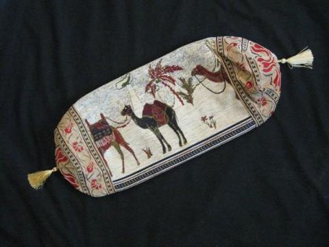 Bolster,Pillow,Cover,Turkish,Camel,Design,Red,White,Green,Cream,cotton,acrylic,pillow, bolster, cylinder, tapestry, camel , Turkey, red, white, green, cream, tassel, BrushCreek, Southwestern Pa, Brush CreekWool Works