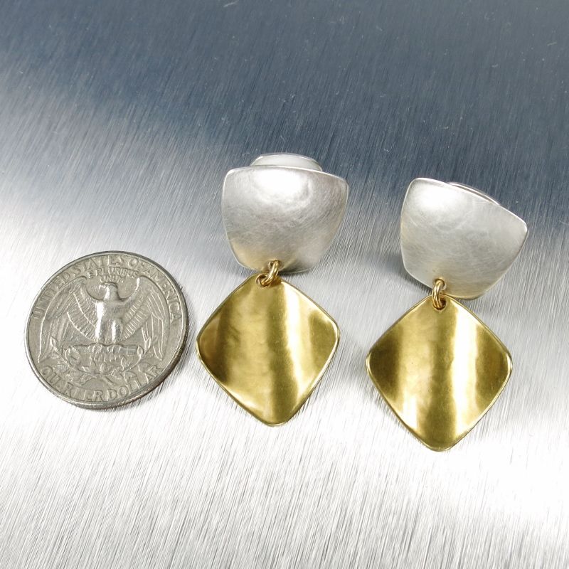 Marjorie Baer Two Tone Rectangle with Concave Leaf Post or Clip Earrings Modern