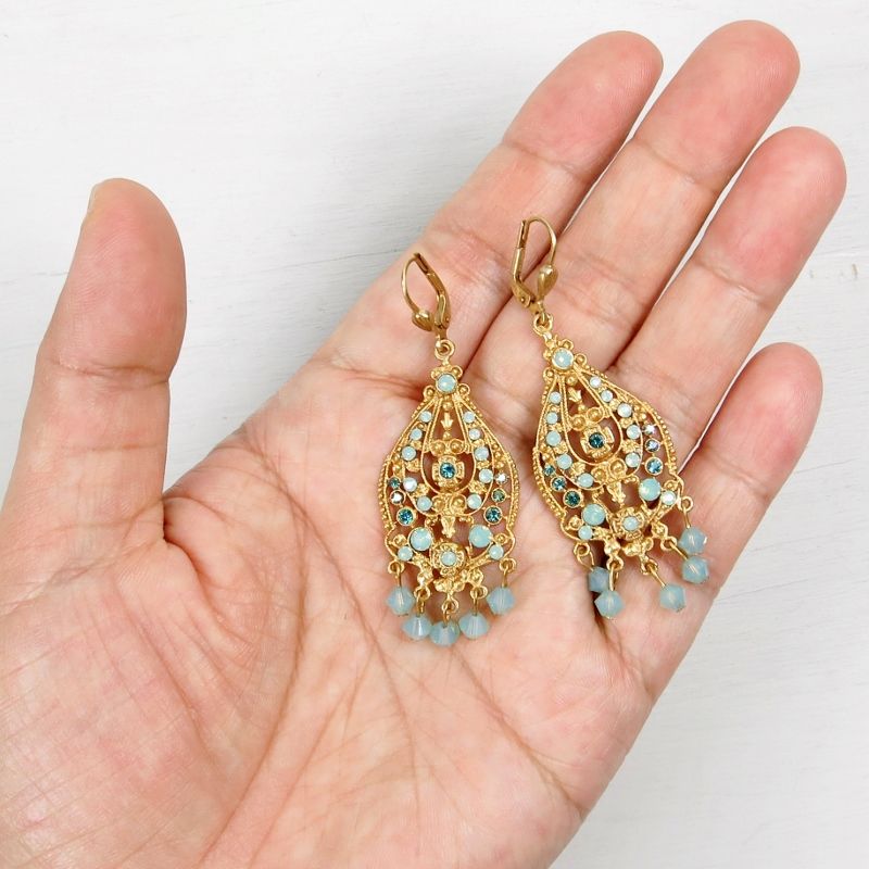 Catherine Popesco Ornate Filigree Chandelier Crystal Drop Earrings Catherine Popesco Ornate Filigree Chandelier Crystal Drop Earrings In Pacific Opal Image
