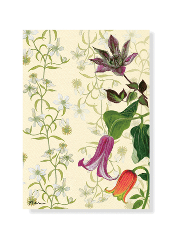 Greeting,Card,Assorted,Clematis,greeting card, blank card, paper, original design, plant drawing, flower, leaves, green, clematis, Japanese, illustration, art nouveau, acrylic painting