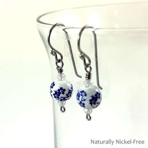 Crisp,Blue,&,White,Floral,Bead,Earrings,Niobium Jewelry, Beaded Earrings, Hypoallergenic Earrings, Nickel-free, Naturally Nickel-Free, Artisan Jewelry