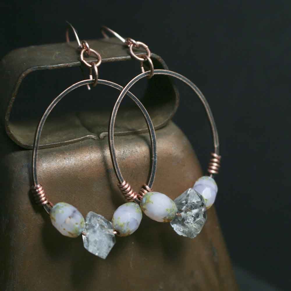 Pink Glass Beads with Herkimer Quartz Stones on Copper Earrings - product image