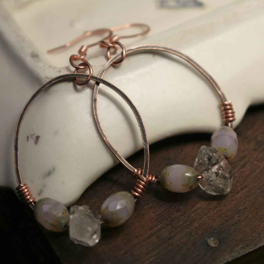 Pink Glass Beads with Herkimer Quartz Stones on Copper Earrings - product images  of 