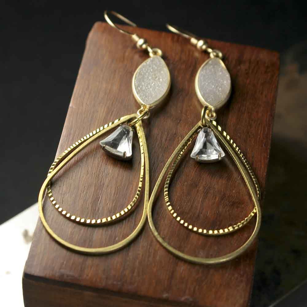 Large Druzy Statement Earrings with Brass Teardrop Frames - product image