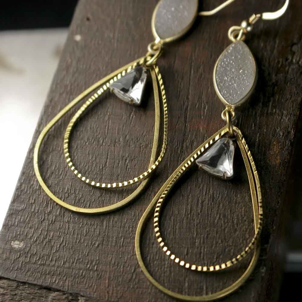 Large Druzy Statement Earrings with Brass Teardrop Frames - product images  of 