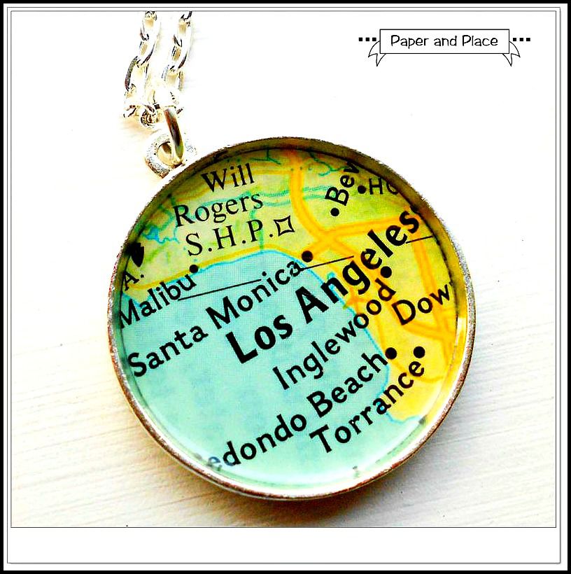 Colorful Los Angeles Santa Monica Inglewood California Map Necklace - product image