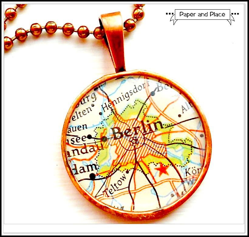 Berlin Germany Vintage Map Necklace with Chain One of a Kind - product image