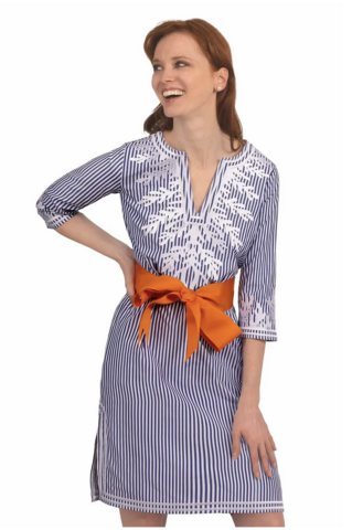 Embroidered,Pinstripe,Navy,Dress,Embroidered Pinstripe Dress