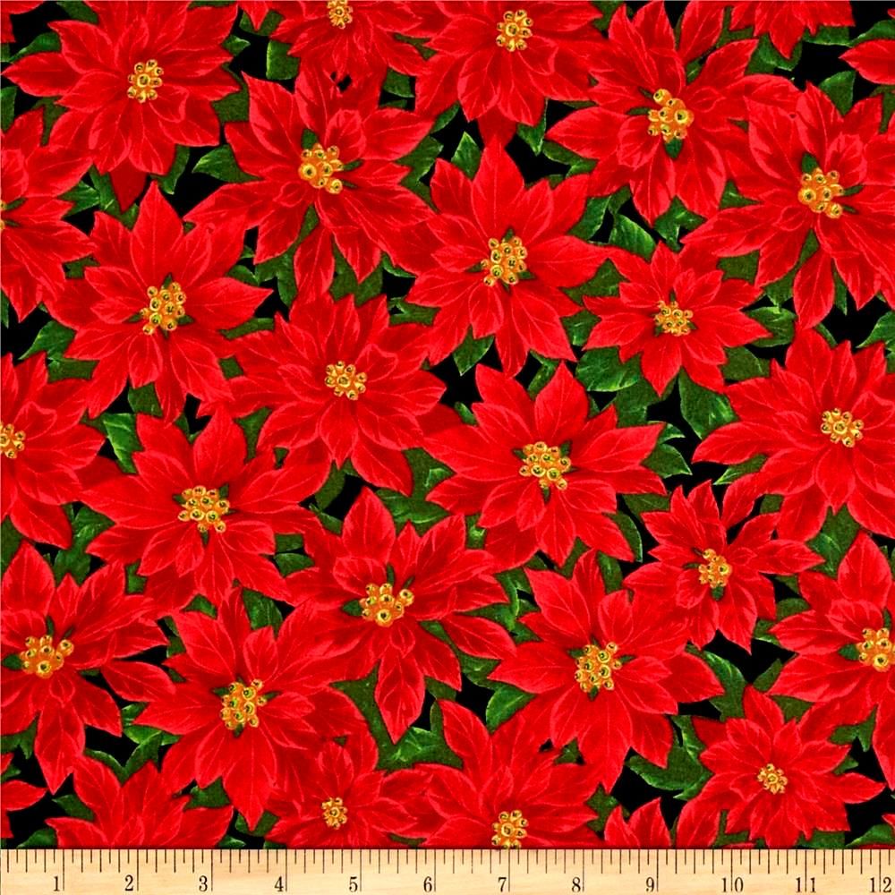 Cotton Quilt Fabric Christmas Deck the Halls Poinsettias Red Green