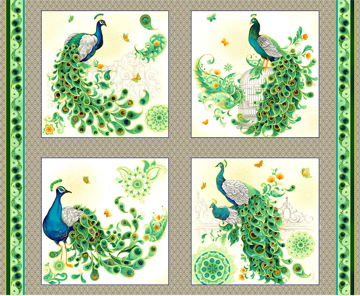 Cotton Quilt Fabric Imperial Garden Peacock Quilt Pillow Panel 36