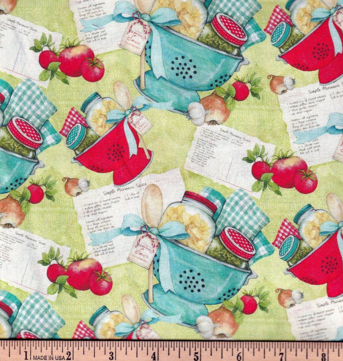 Cotton Quilt Fabric Colander Recipes Cooking Canning Green AUNTIE CHRIS QUILT FABRIC. COM