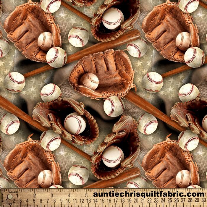 Cotton Quilt Fabric Baseball Stars Bats Gloves Tan Multi - product images  of 