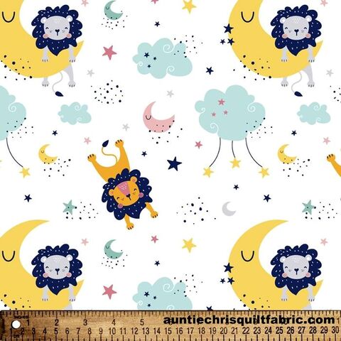 Cotton,Quilt,Fabric,Quality,Flannel,SLEEPY,LION,White,Multi,,quilt backing, dresses, quilt fabric,cotton material,auntie chris quilt,sewing,crafts,quilting,online fabric,sale fabric