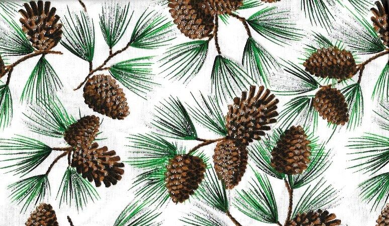 Good Buy Cotton Quilt Fabric Christmas Glitter Pine Cones White - product image