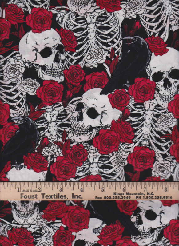 Cotton Quilt Fabric Skulls And Red Roses Black Multi Steampunk  - product images  of 