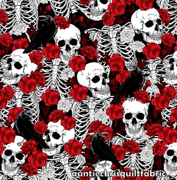 Cotton Quilt Fabric Skulls And Red Roses Black Multi Steampunk  - product images  of 