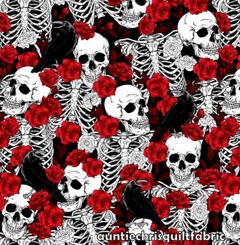 Cotton,Quilt,Fabric,Skulls,And,Red,Roses,Black,Multi,Steampunk,,quilt backing, dresses, quilt fabric,cotton material,auntie chris quilt,sewing,crafts,quilting,online fabric,sale fabric