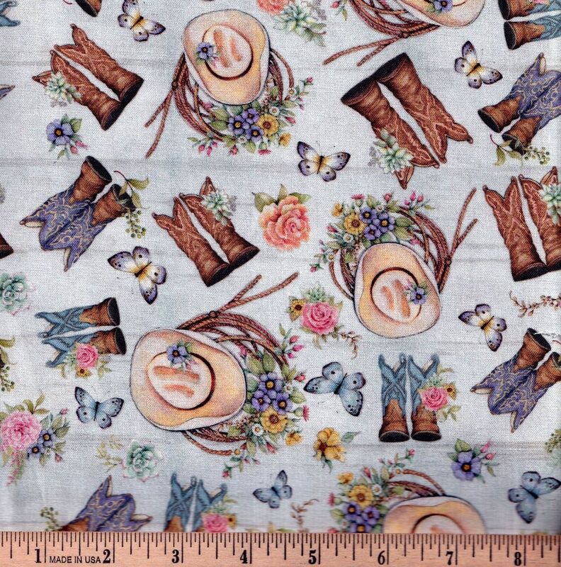 Cotton Quilt Fabric Highland Ranch Blue Tossed Boots Springs Creative - product images  of 
